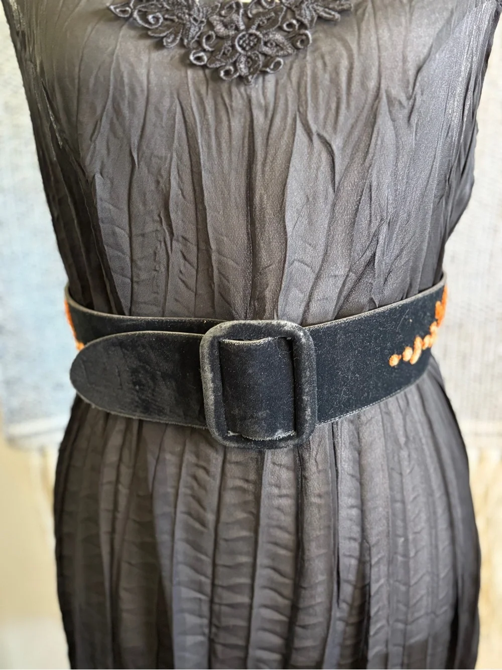 Vintage Black Belt with Orange Embroidered Floral Design